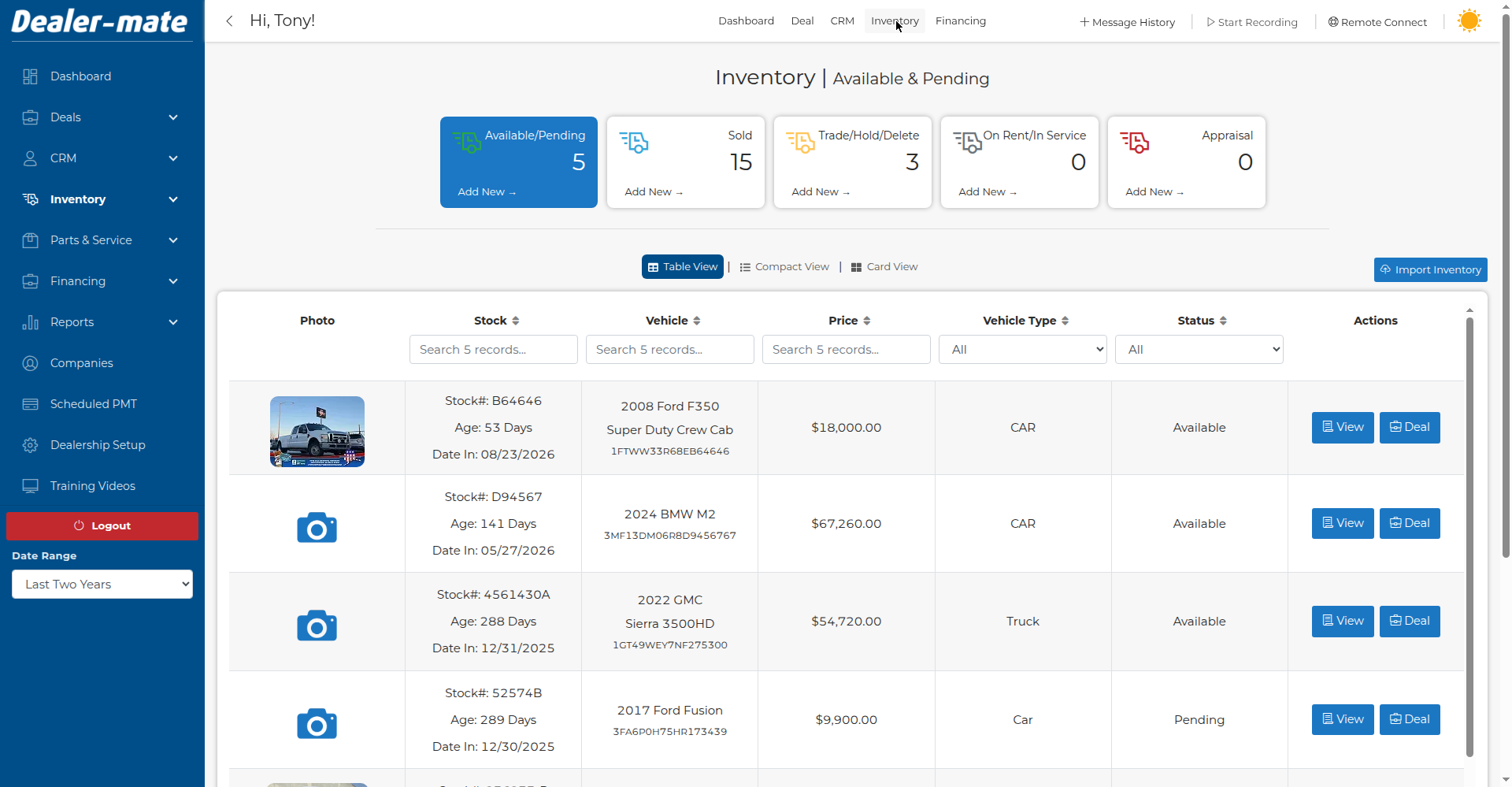 Dealer-Mate 2.0 inventory list screen