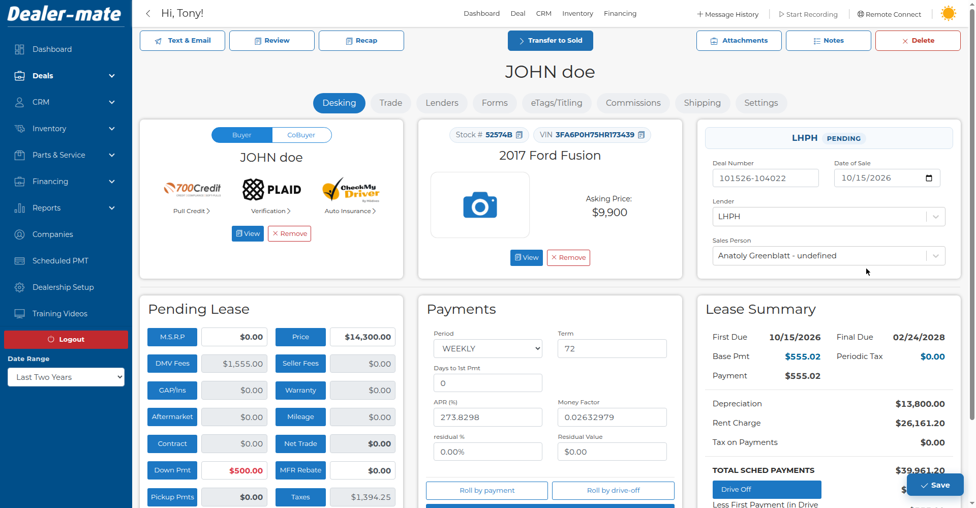 Dealer-Mate 2.0 deal screen with lender routing