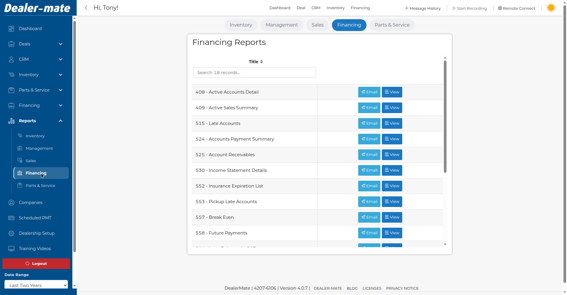 Reports dashboard in Dealer Mate showing dealership performance